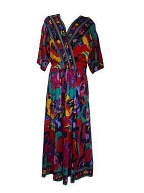 Together! Vintage 80s Abstract Print Rayon Midi Dress Faux Wrap Size 10